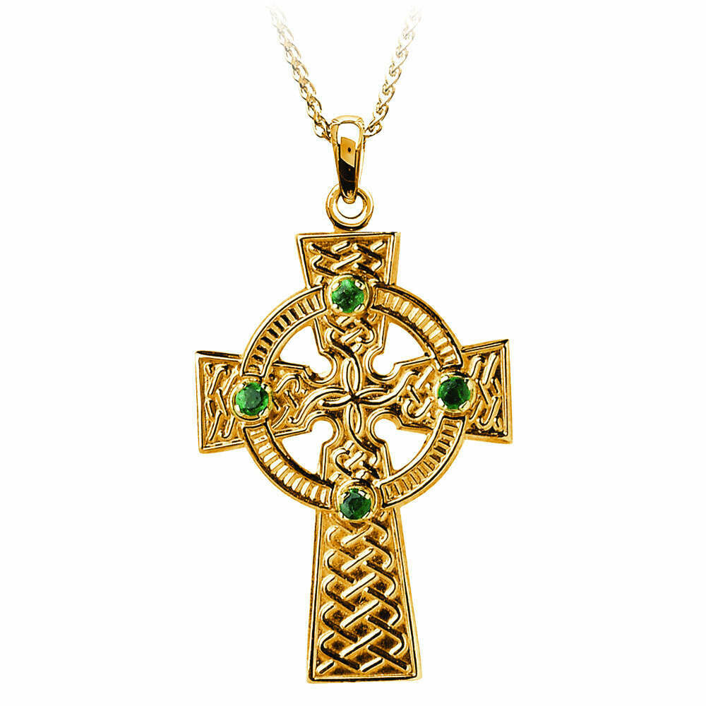 10kt Yellow Gold Traditional Emerald Set Celtic Knot Cross- Medium, and 10kt 18" Chain