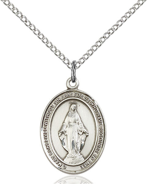 Sterling Silver Miraculous Medal Pendant on a 18" Light Rhodium Curb Chain with a Clasp