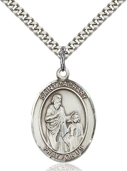 Sterling Silver St. Zachary Pendant on a 24" Light Rhodium Heavy Curb Endless Chain