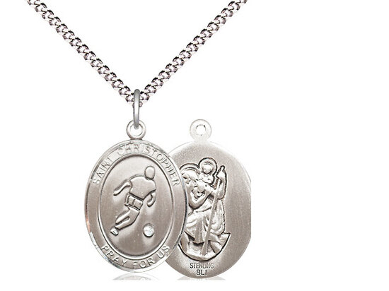 Sterling Silver St. Christopher Soccer Sports Medal on a 18" Light Rhodium Chain