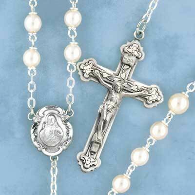 Round Pearl Rosary with Sterling Silver Crucifix and Center