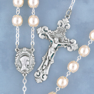 Double Capped Pearl Rosary with Sterling Silver Crucifix and Centerpiece
