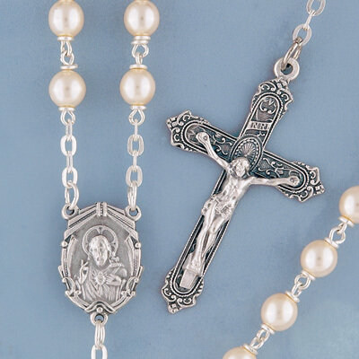 Silverplated Lustros Glass Pearl Rosary
