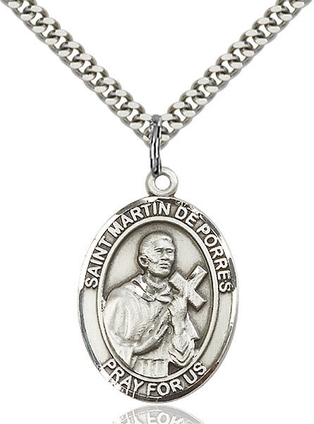 Sterling Silver St. Martin de Porres Pendant on a 24" Light Rhodium Heavy Curb Endless Chain