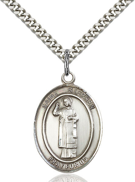 Sterling Silver St. Stephen the Martyr Pendant on a 24" Light Rhodium Heavy Curb Endless Chain