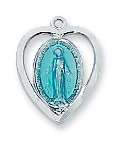 Sterling Silver Blue Miraculous Heart Medal on a 18" Rhodium Plated Chain