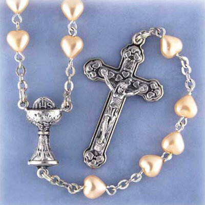 First Communion Rosary- Heart Shaped Glass Pearl Beads