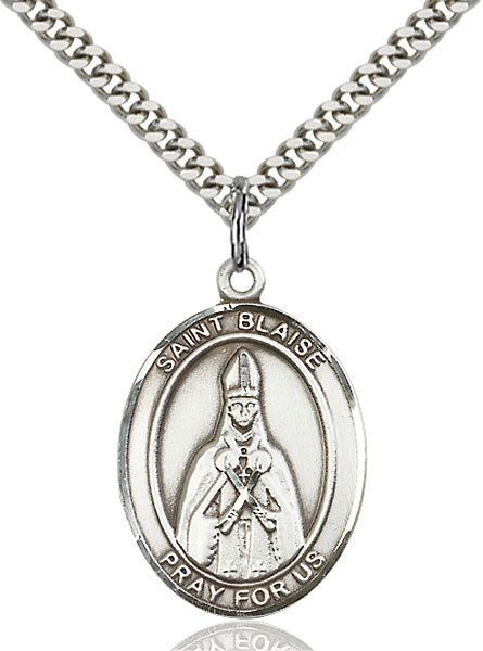 Sterling Silver St. Blaise Pendant on a 24" Light Rhodium Heavy Curb Endless Chain