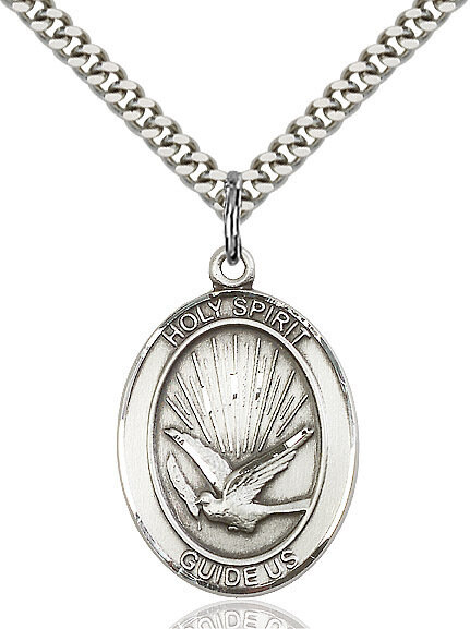 Sterling Silver Holy Spirit Pendant on a 24" Light Rhodium Heavy Curb Chain