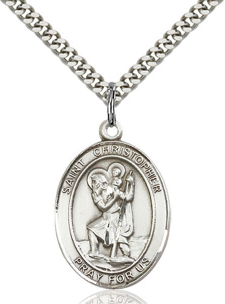 Sterling Silver St. Christopher Pendant on a 24" Light Rhodium Heavy Curb Endless Chain