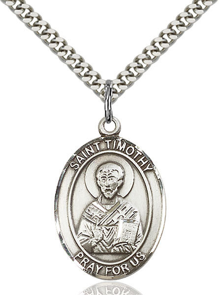 Sterling Silver St. Timothy Pendant on a 24" Light Rhodium Heavy Curb Endless Chain