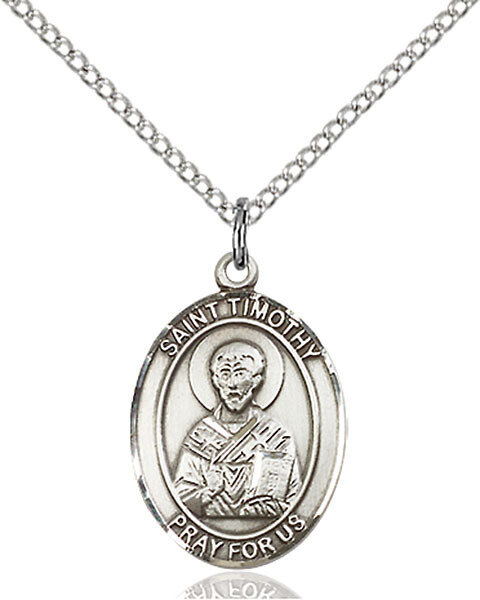Sterling Silver St. Timothy Pendant on an 18" Light Rhodium Curb Chain with a Clasp