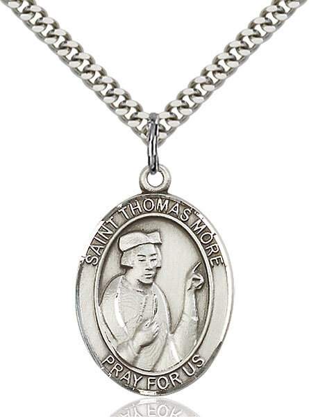 Sterling Silver St. Thomas More Pendant on a 24" Light Rhodium Heavy Curb Endless Chain