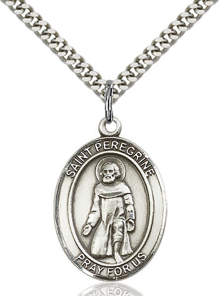 Sterling Silver St. Peregrine Pendant on a 24" Light Rhodium Heavy Curb Endless Chain