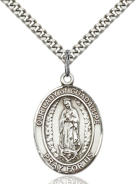 Sterling Silver Our Lady of Guadalupe Pendant on a 24" Light Rhodium Heavy Curb Endless Chain