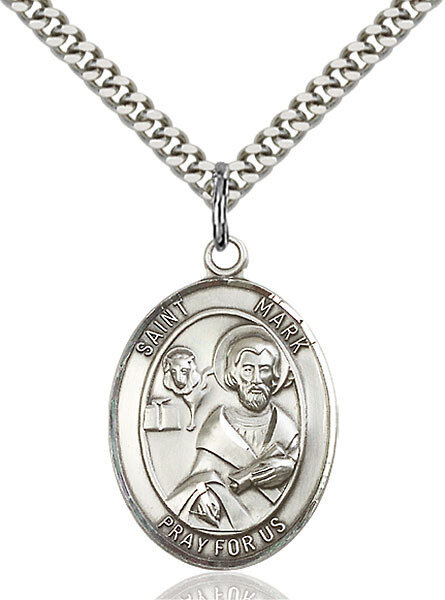 Sterling Silver St. Mark the Evangelist Pendant on a 24" Light Rhodium Heavy Curb Endless Chain