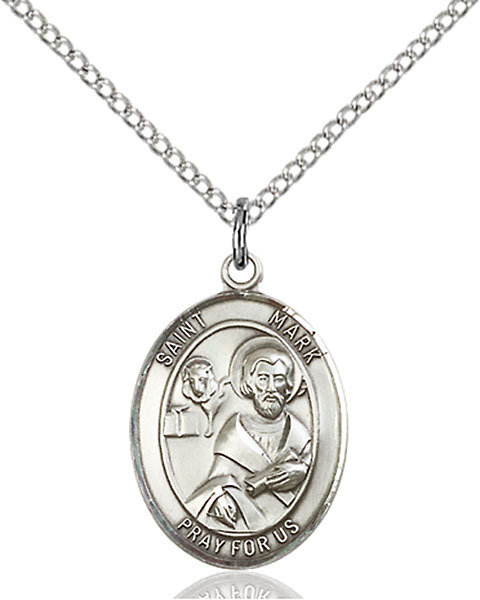 Sterling Silver St. Mark the Evangelist Pendant on an 18" Light Rhodium Curb Chain with a Clasp