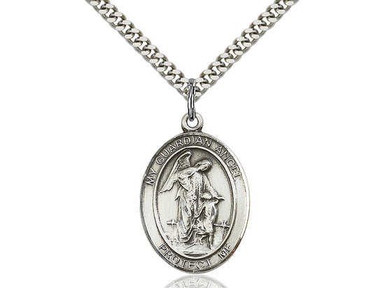 Sterling Silver Oval Guardian Angel Medal on a 24" Light Rhodium Heavy Curb Chain