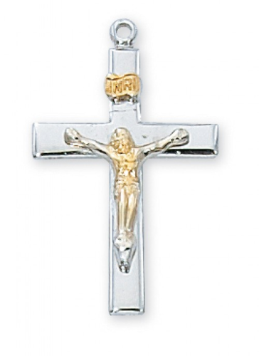 Sterling Silver Two-Tone Gold Plated Crucifix on an 18&quot; Rhodium Plated Chain