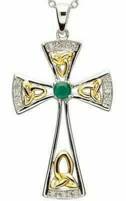 Sterling Silver Celtic Trinity Emerald and Diamond Cross & Chain