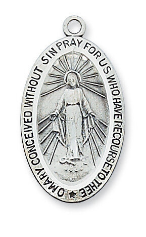 Sterling Silver Plain Oval Miraculous Medal on a 18" Rhodium Plated Chain