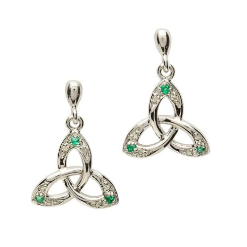 Sterling Silver Celtic Trinity Knot Earring Set with Emerald and Diamond