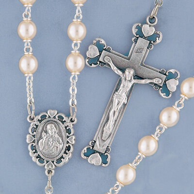 Silverplated Glass Pearl Rosary