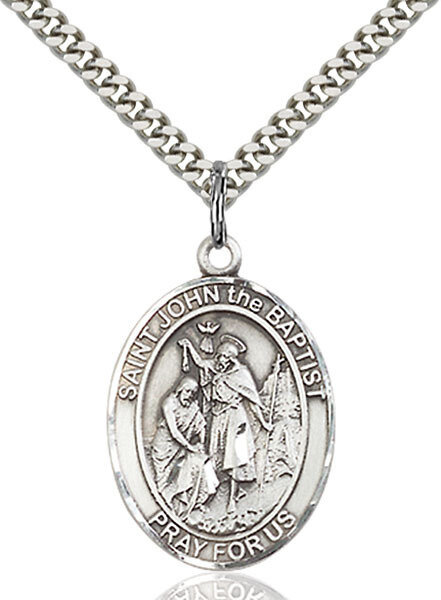 Sterling Silver St. John the Baptist Pendant on a 24" Light Rhodium Heavy Curb Endless Chain