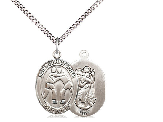 Sterling Silver St. Christopher Wrestling Sports Medal on a 18" Light Rhodium Chain