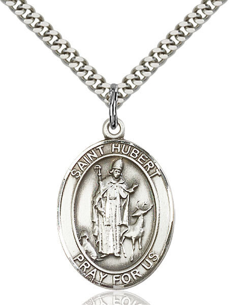 Sterling Silver St. Hubert of Liege Pendant on a 24" Light Rhodium Heavy Curb Endless Chain