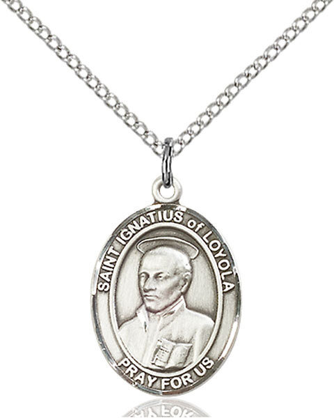 Sterling Silver St. Ignatius of Loyola Pendant on on 18" Light Rhodium Curb Chain with a Clasp