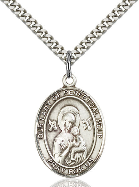 Sterling Silver Our Lady of Perpetual Help Pendant on a 24" Light Rhodium Heavy Curb Endless Chain
