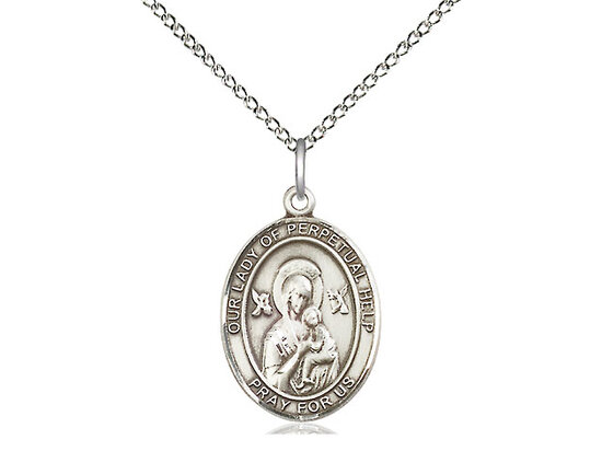 Sterling Silver Our Lady of Perpetual Help Pendant on an 18" Light Rhodium Curb Chain with a Clasp