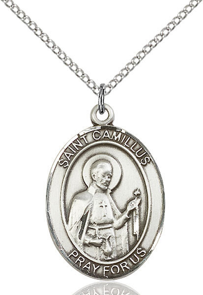 Sterling Silver St. Camillus of Lellis Pendant on a 24" Light Rhodium Heavy Curb Endless Chain