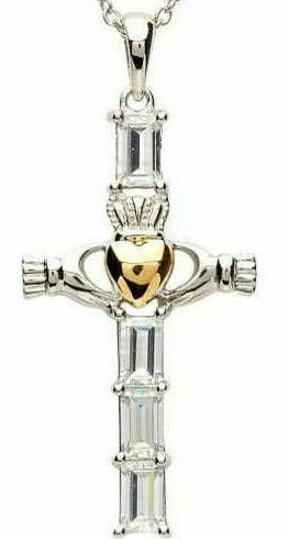 Sterling Silver Claddagh CZ Cross with Gold Plate Heart & Chain