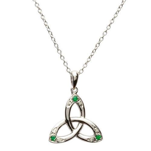 Sterling Silver Celtic Trinity Knot Pendant Set with Emerald and Diamond on a 18&quot; Sterling Silver Chain