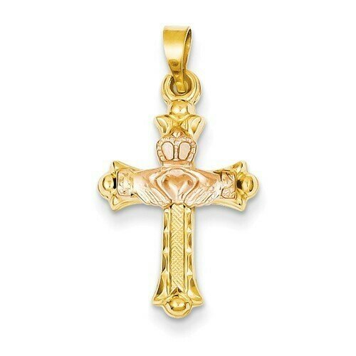 14kt Gold Two-tone Small Pink Claddagh Cross Pendant