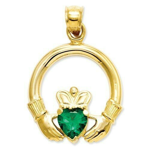 14kt Gold Claddagh with Synthetic Green Stone Charm