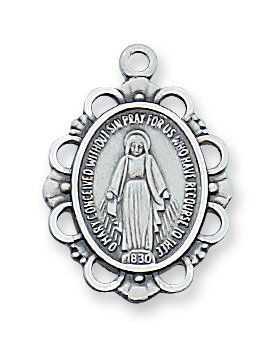 Sterling Silver Oval Miraculous Medal on a 18" Rhodium Plated Chain