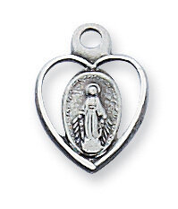 Sterling Silver Miraculous Heart Medal on a 16" Rhodium Plated Chain