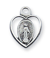 Sterling Silver Miraculous Heart Medal on 16&quot; Rhodium Plated Chain