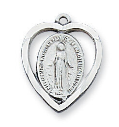 Sterling Silver Miraculous Medal Heart on a 18" Rhodium Plated Chain