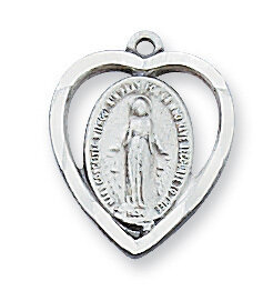 Sterling Silver Miraculous Medal Heart on 18&quot; Rhodium Plated Chain