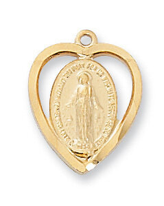 Gold Plated Heart Shaped Miraculous Medal on an 18" Gold Plated Chain