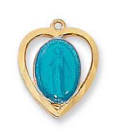 Gold Plated Blue Heart Miraculous Medal on an 18" Gold Plated Chain