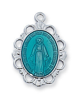 Sterling Silver Blue Miraculous Medal on a 18" Rhodium Plated Chain