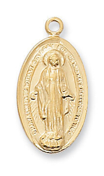 Gold Plated Oval Miraculous Medal on an 18" Gold Plated Chain