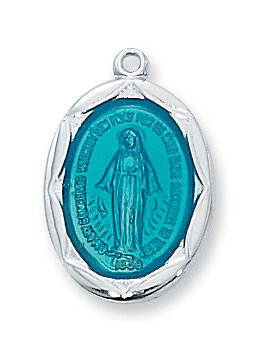 Sterling Silver Blue Oval Miraculous Medal on a 18" Rhodium Plated Chain