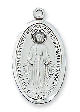 Sterling Silver Elongated Oval Miraculous Medal on a 18" Rhodium Plated Chain