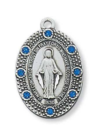 Sterling Silver Miraculous Medal with Blue Stones on a 18" Rhodium Plated Chain